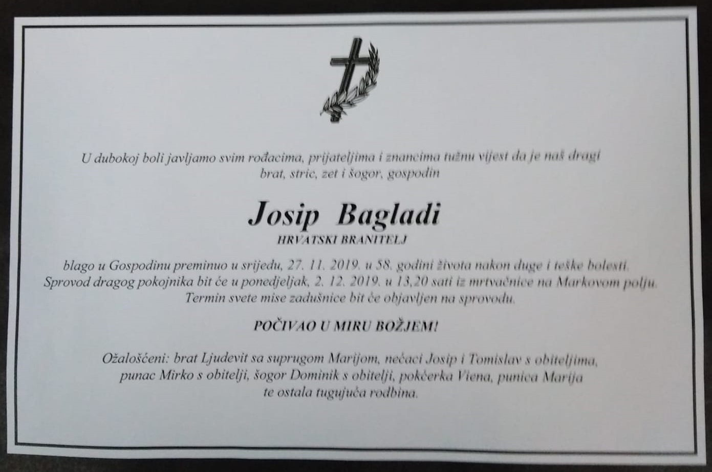 Posljednji pozdrav ratniku - Josip Bagladi