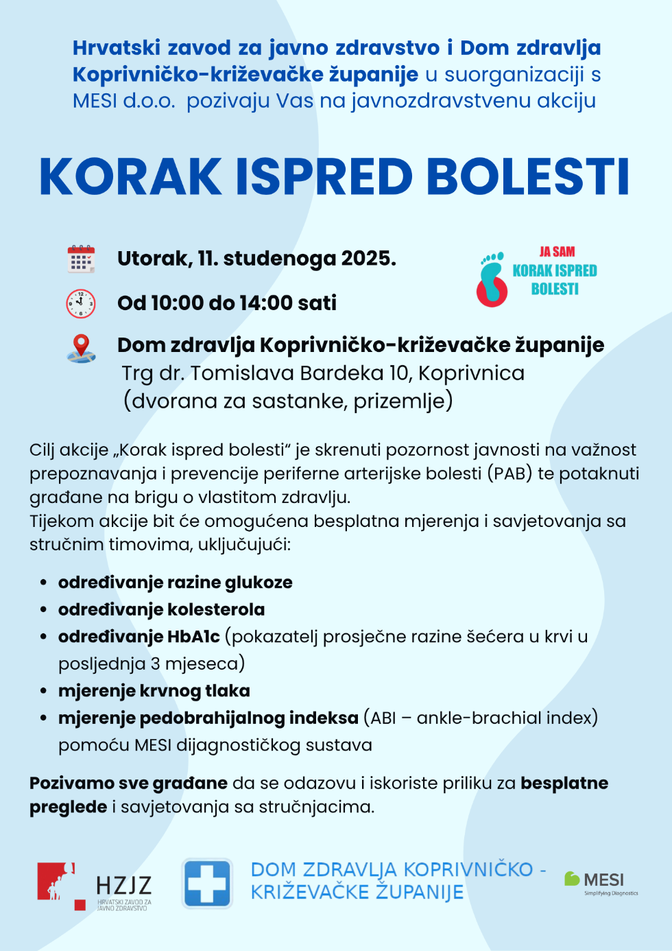 Javnozdravstvena akcija „Korak ispred bolesti“ u Koprivnici: besplatni pregledi za građane
