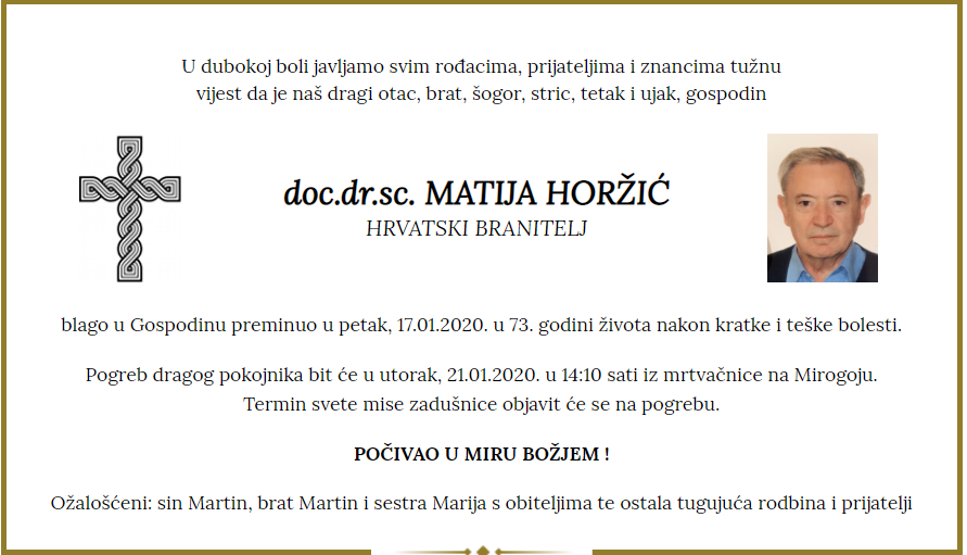 Posljednji pozdrav ratniku - doc.dr.sc. Matija Horžić