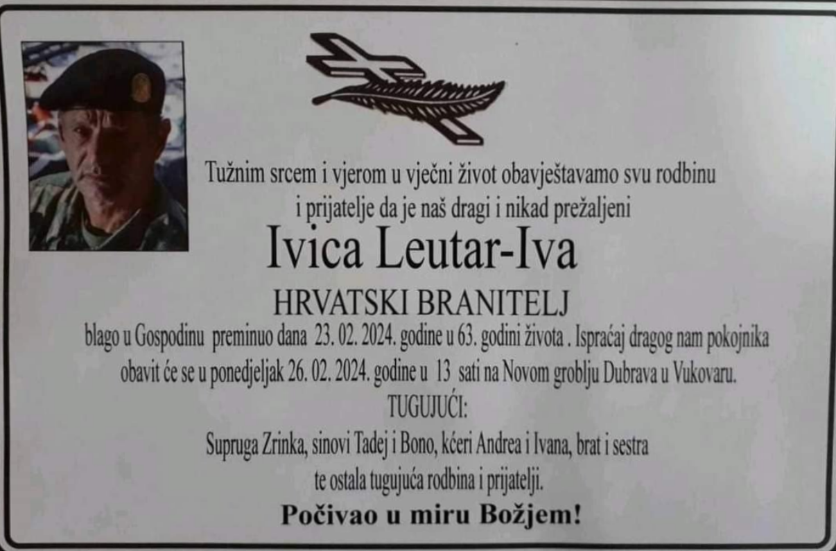 Vukovar će u ponedjeljak ispratiti na posljednji počinak hrvatskog branitelja Ivicu Leutara