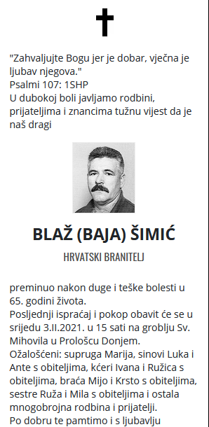 Blaž Šimić - Hrvatski branitelj 1956. -2021.