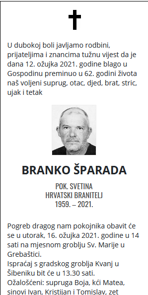 Branko Šparada - Hrvatski branitelj 1959. - 2021.