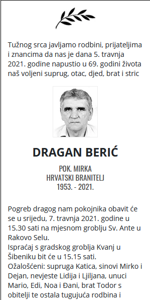 Dragan Berić - Hrvatski branitelj 1953. - 2021.
