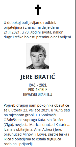 Jere Bratić - Hrvatski branitelj 1948. - 2021.