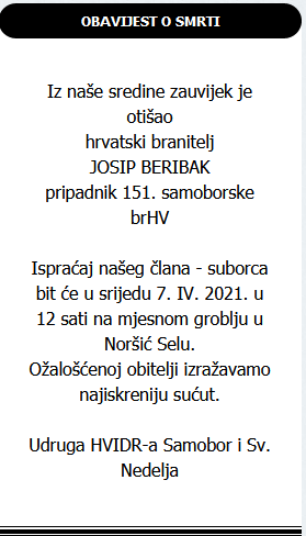 Josip Beribak - Hrvatski branitelj - In memoriam
