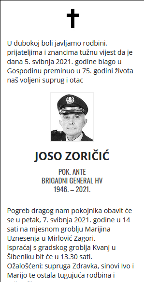 Joso Zoričić - brigadni general HV 1946. - 2021.