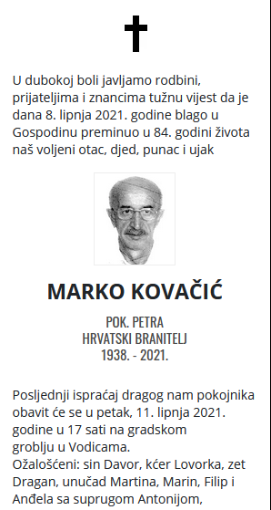Marko Kovačić - Hrvatski branitelj 1938. - 2021.
