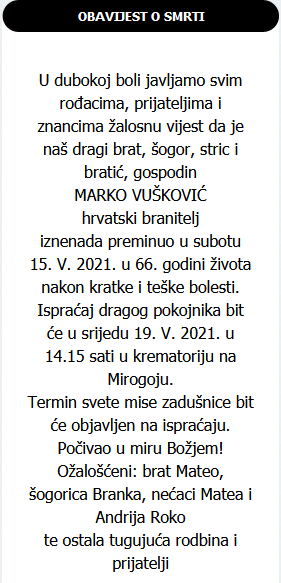 Marko Vušković - Hrvatski branitelj 1955. - 2021.