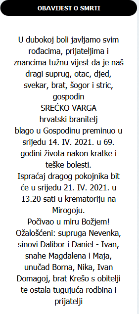 Srećko Varga - Hrvatski branitelj 1952. - 2021.