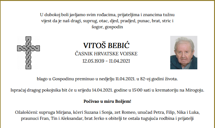 Vitoš Bebić - Časnik Hrvatske vojske 1939. - 2021.