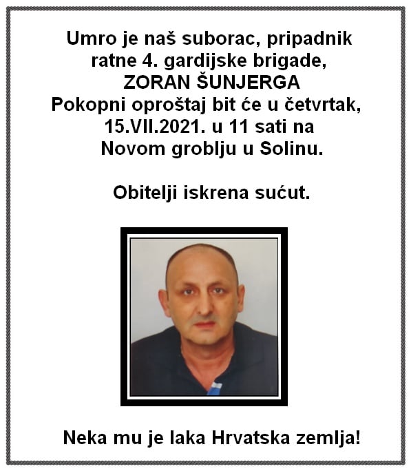 Posljednji pozdrav -  Zoran Šunjerga 1961. - 2021. - hrvatski branitelj
