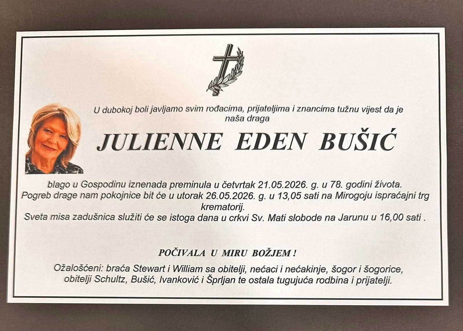 Posljednji ispraćaj preminule Julienne Bušić bit će u utorak na Mirogoju
