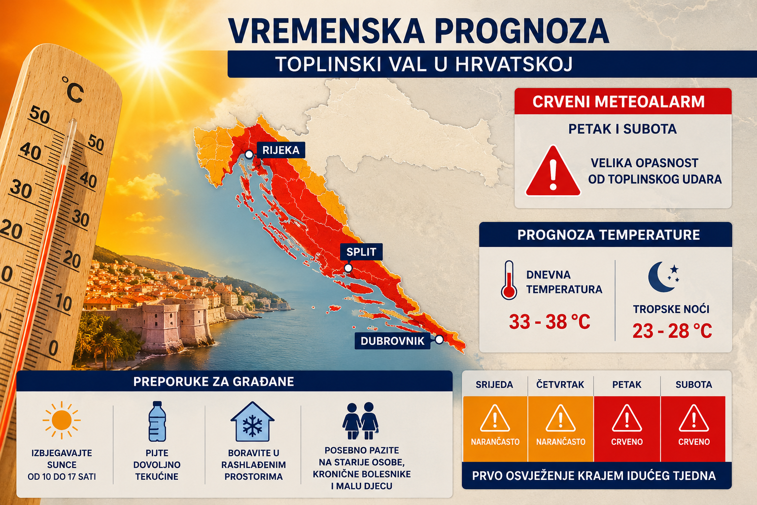 Ilustrativna AI-generirana slika povezana sa sadržajem članka, koja prikazuje vremensku prognozu i upozorenje na toplinski val te ekstremno visoke temperature u Hrvatskoj
