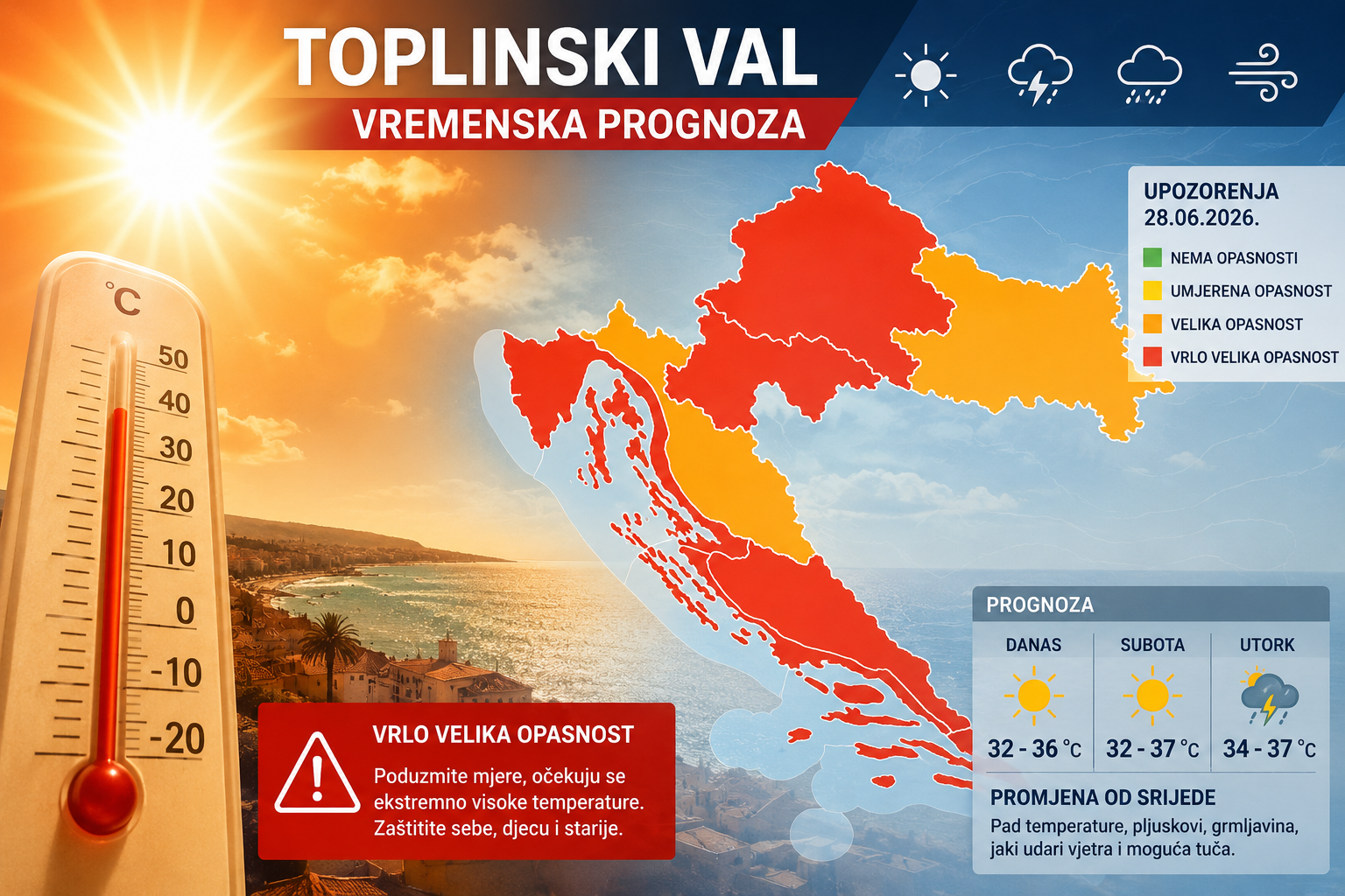 Ilustrativna AI-generirana slika povezana s prognoziranim toplinskim valom i vremenskim upozorenjima u Hrvatskoj