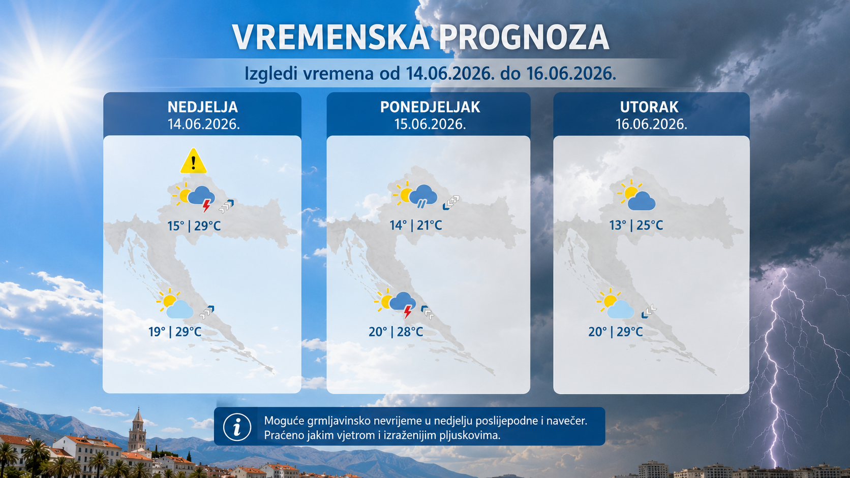 Stiže nam ponovno nagla promjena vremena: Nakon sunčanog i vrlo toplog vikenda prijete pljuskovi, grmljavina i osjetno osvježenje