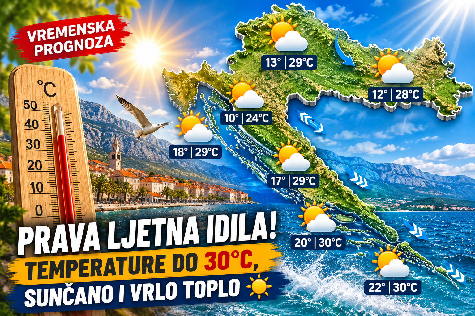 Prvo pravo ljetno vrijeme zahvatilo Hrvatsku: Temperature rastu do 30 stupnjeva, vozačima upozorenje zbog bure i radova