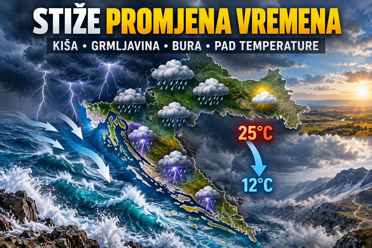 Od srijede stiže promjena vremena: Kiša i grmljavina, jako jugo, a zatim osjetan pad temperature