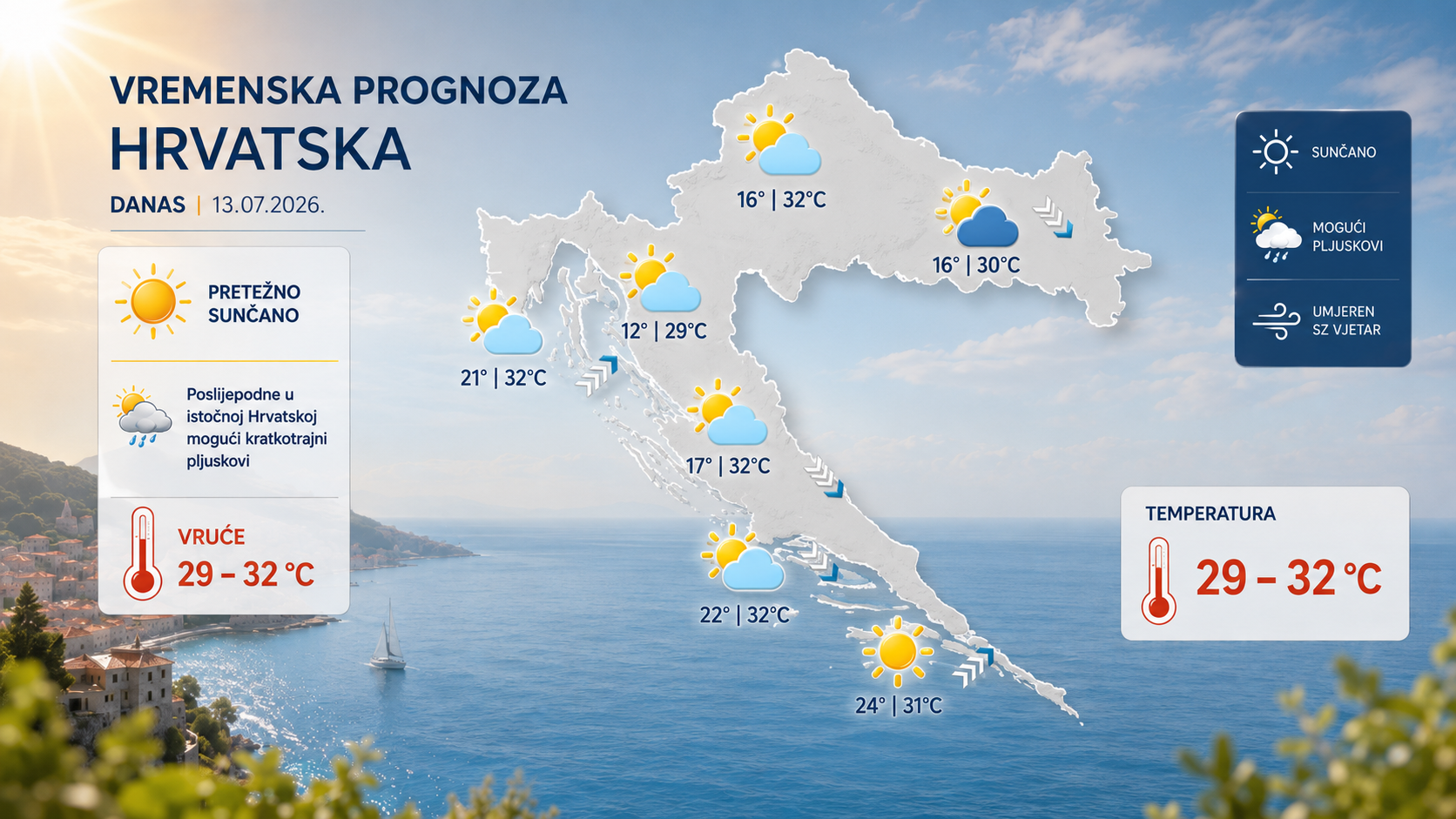 Sunčano i vruće diljem Hrvatske, temperature do 32 stupnja