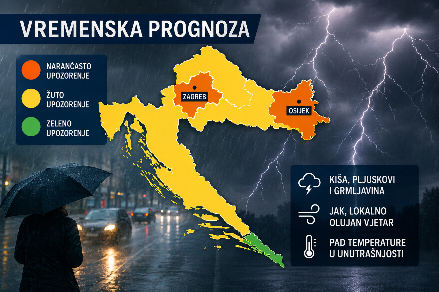Nova promjena vremena nad Hrvatskom: Za Zagreb i Osijek izdano narančasto upozorenje zbog mogućeg nevremena