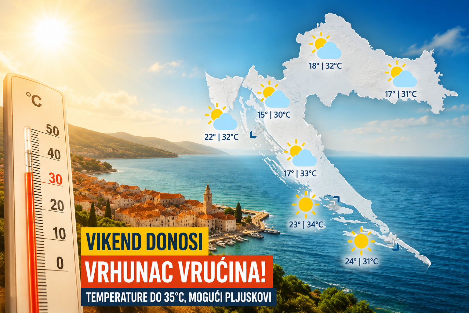 Vikend donosi vrhunac ljetnih vrućina: Temperature do 35 stupnjeva, mogući lokalni pljuskovi