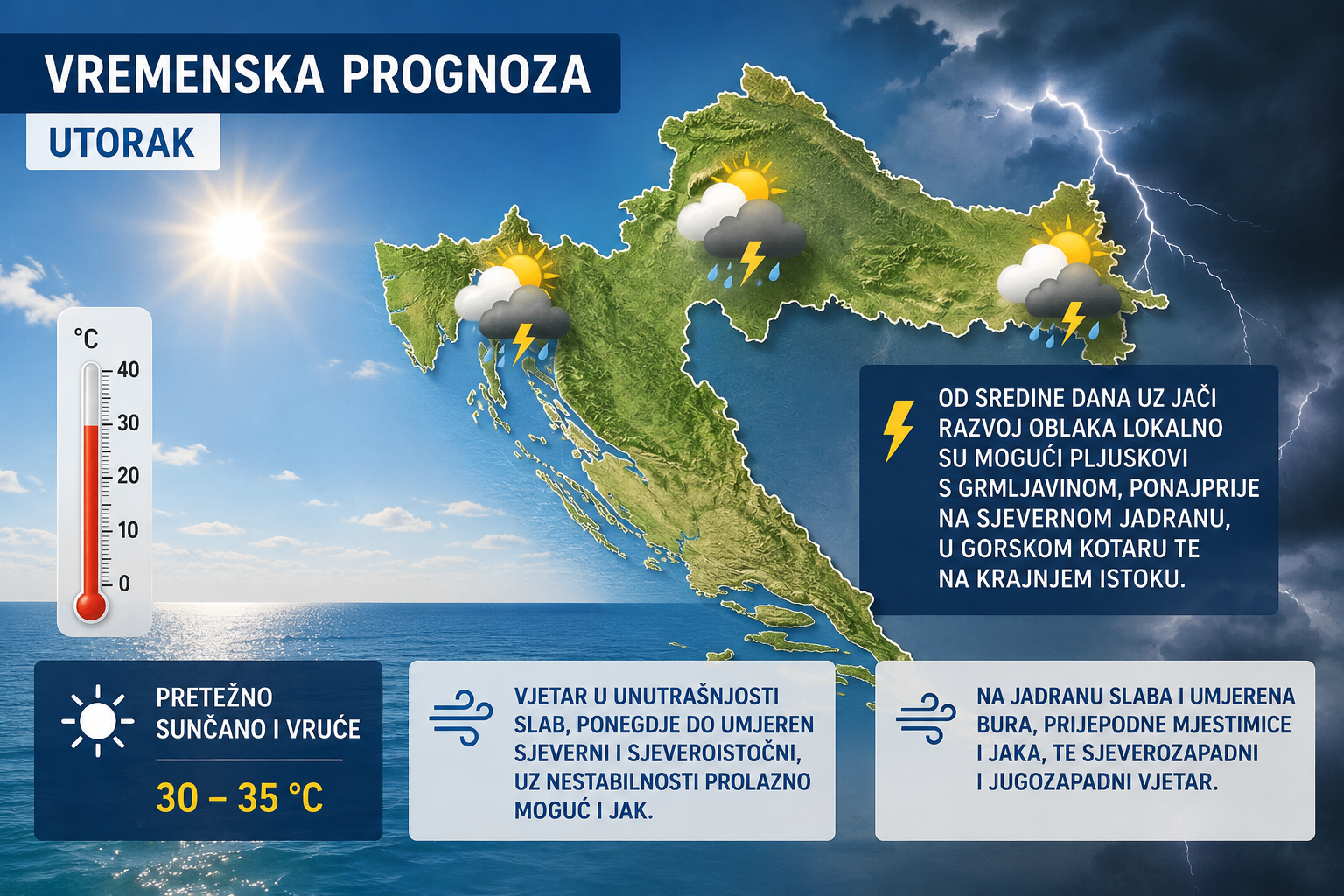 Vrućina se nastavlja: Temperature do 35 stupnjeva, lokalno mogući pljuskovi i grmljavina