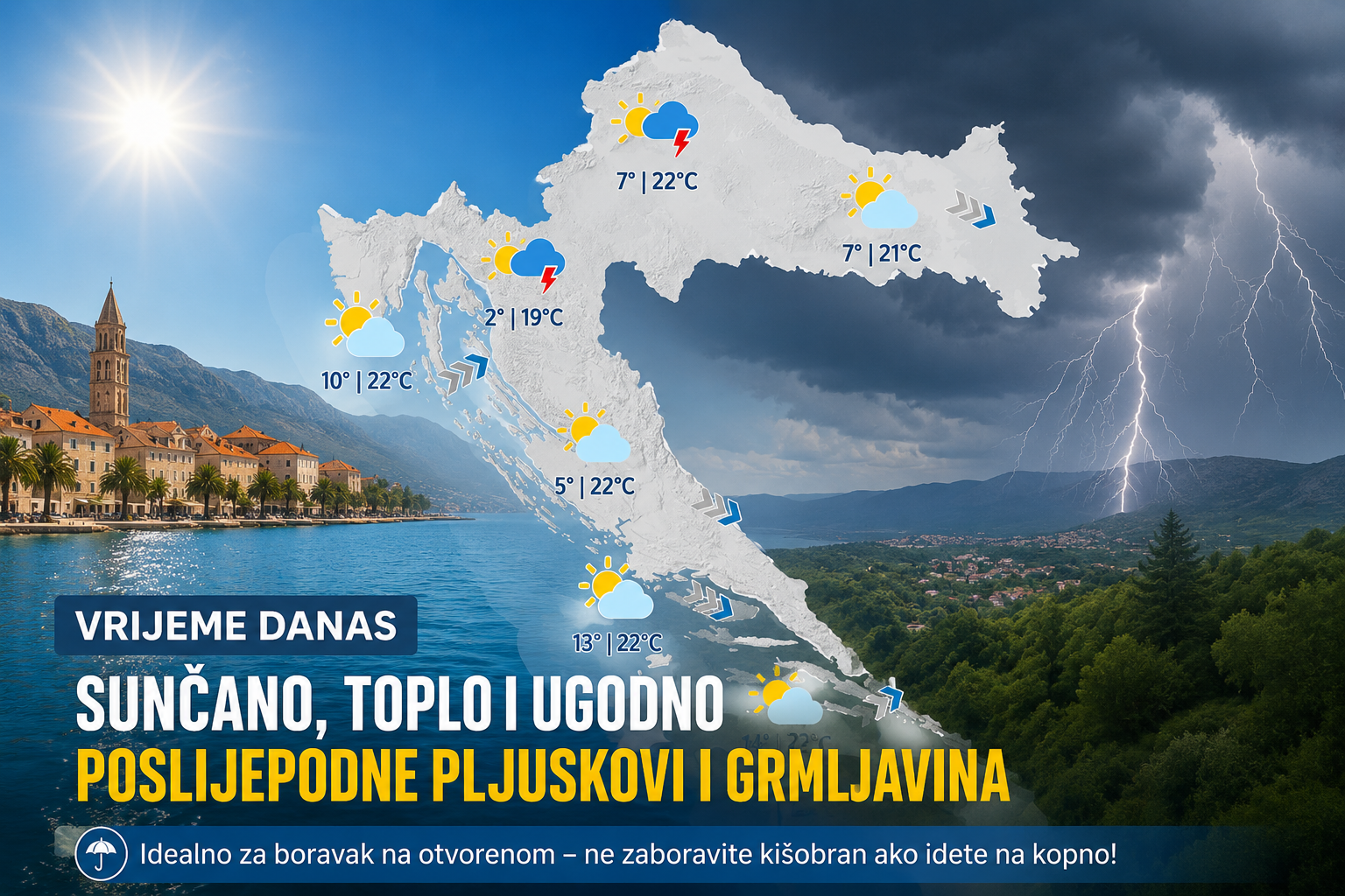 Sunčano i ugodno vrijeme uz mogućnost poslijepodnevnih pljuskova