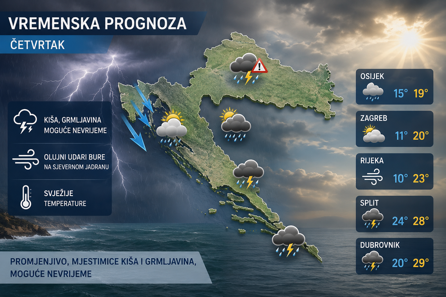 Nestabilan četvrtak donosi kišu, grmljavinu i mogućnost nevremena, vikend postupno topliji