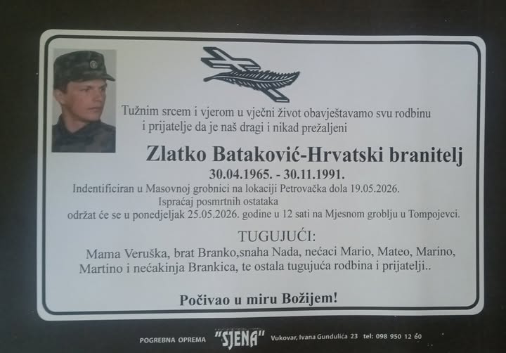 Vukovar se oprašta od Zlatka Batakovića: hrvatski branitelj identificiran nakon 35 godina boli