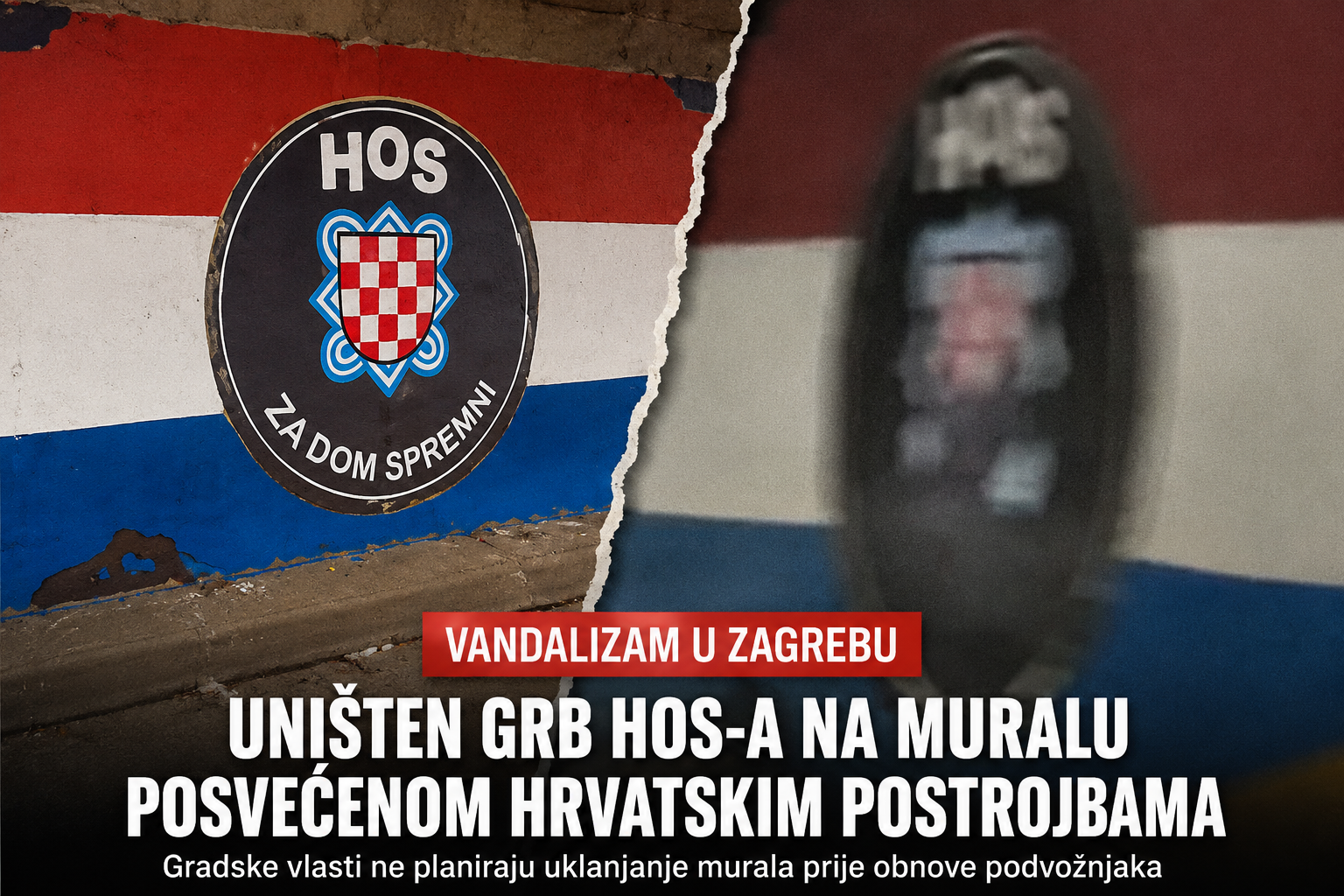 Vandaliziran grb HOS-a na muralu posvećenom hrvatskim postrojbama u zagrebačkom podvožnjaku