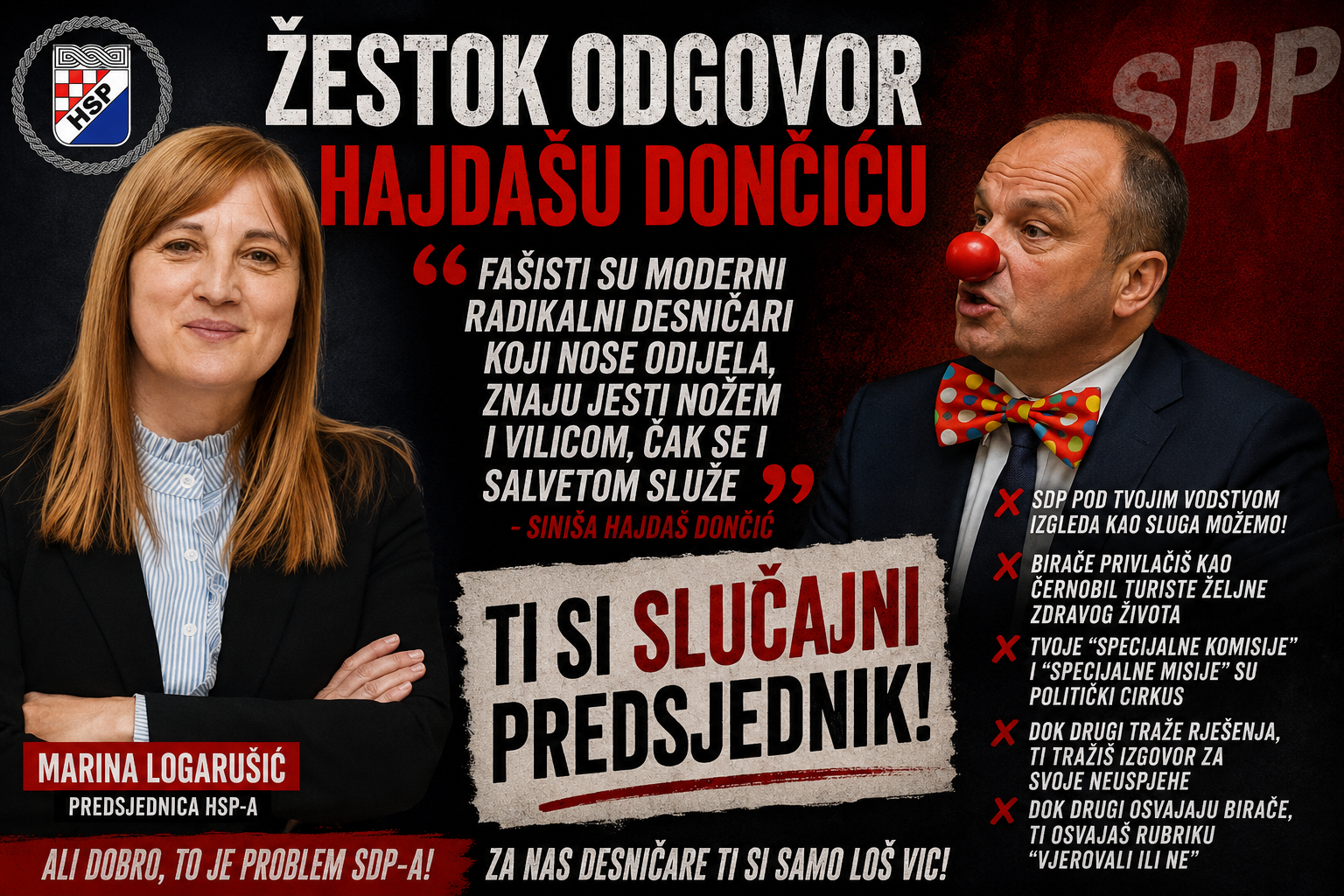 Marina Logarušić žestoko uzvratila Hajdašu Dončiću: “Ti si slučajni predsjednik i loš vic politike