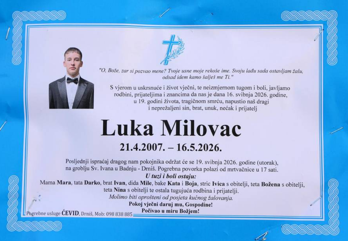 Tragedija potresla Drniš: U utorak Dan žalosti i posljednji ispraćaj ubijenog maturanta