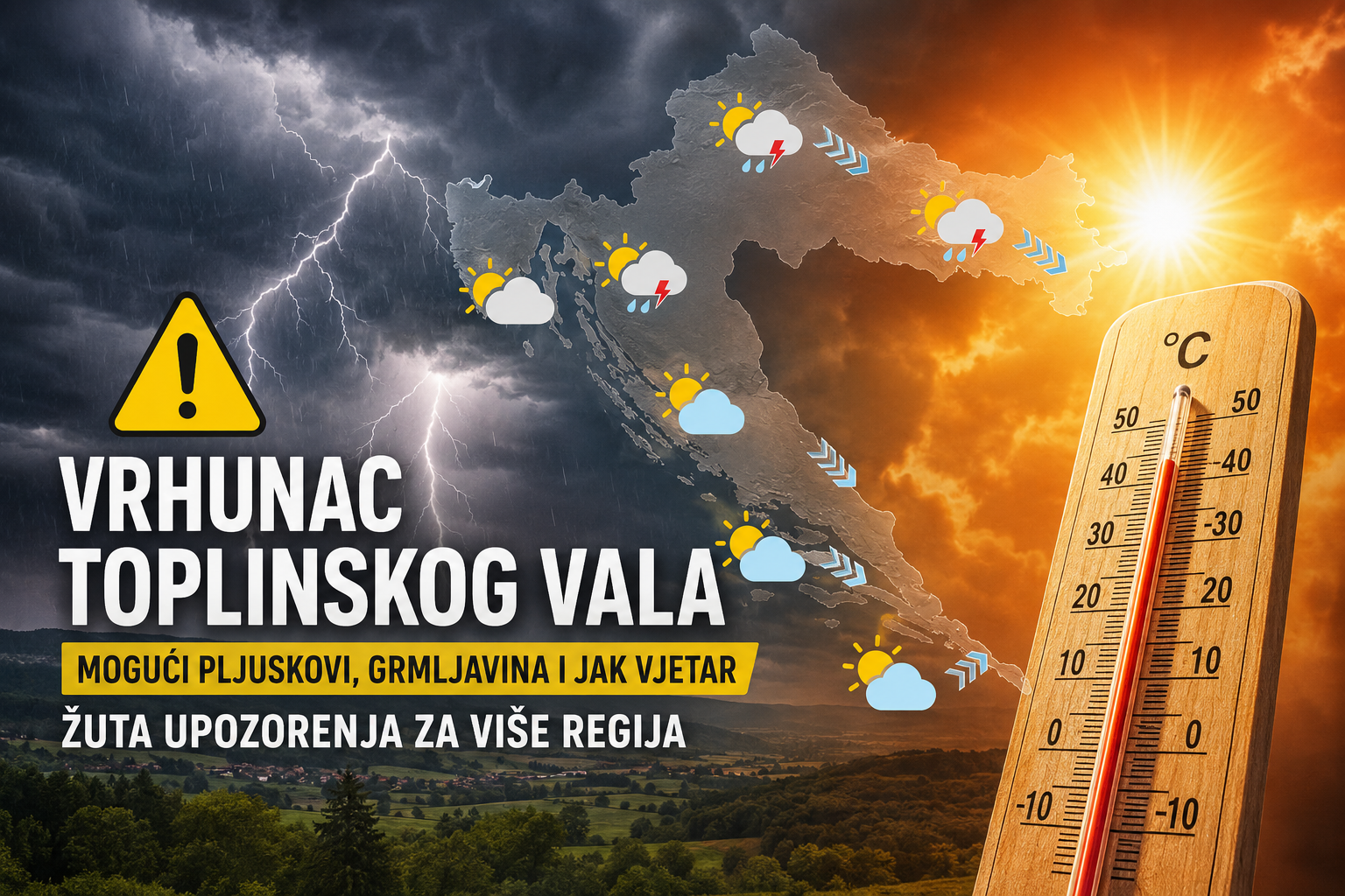 Vrhunac toplinskog vala donosi i prijetnju nevremenom: Mogući pljuskovi, jak vjetar i tuča