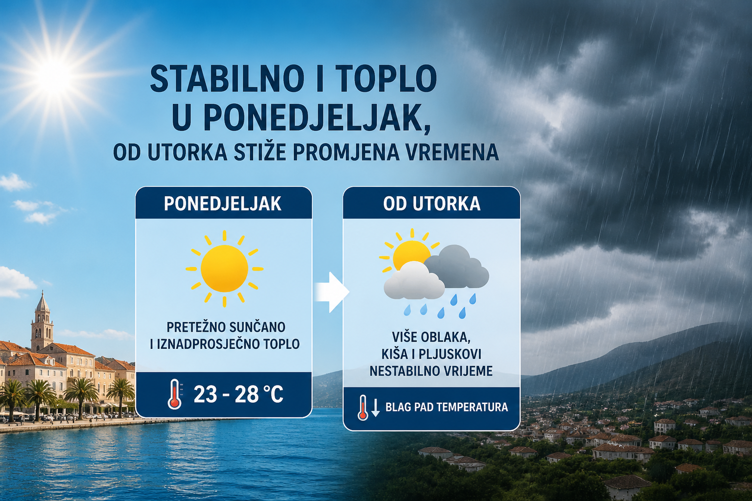 Stabilno i toplo u ponedjeljak, od utorka stiže promjena vremena