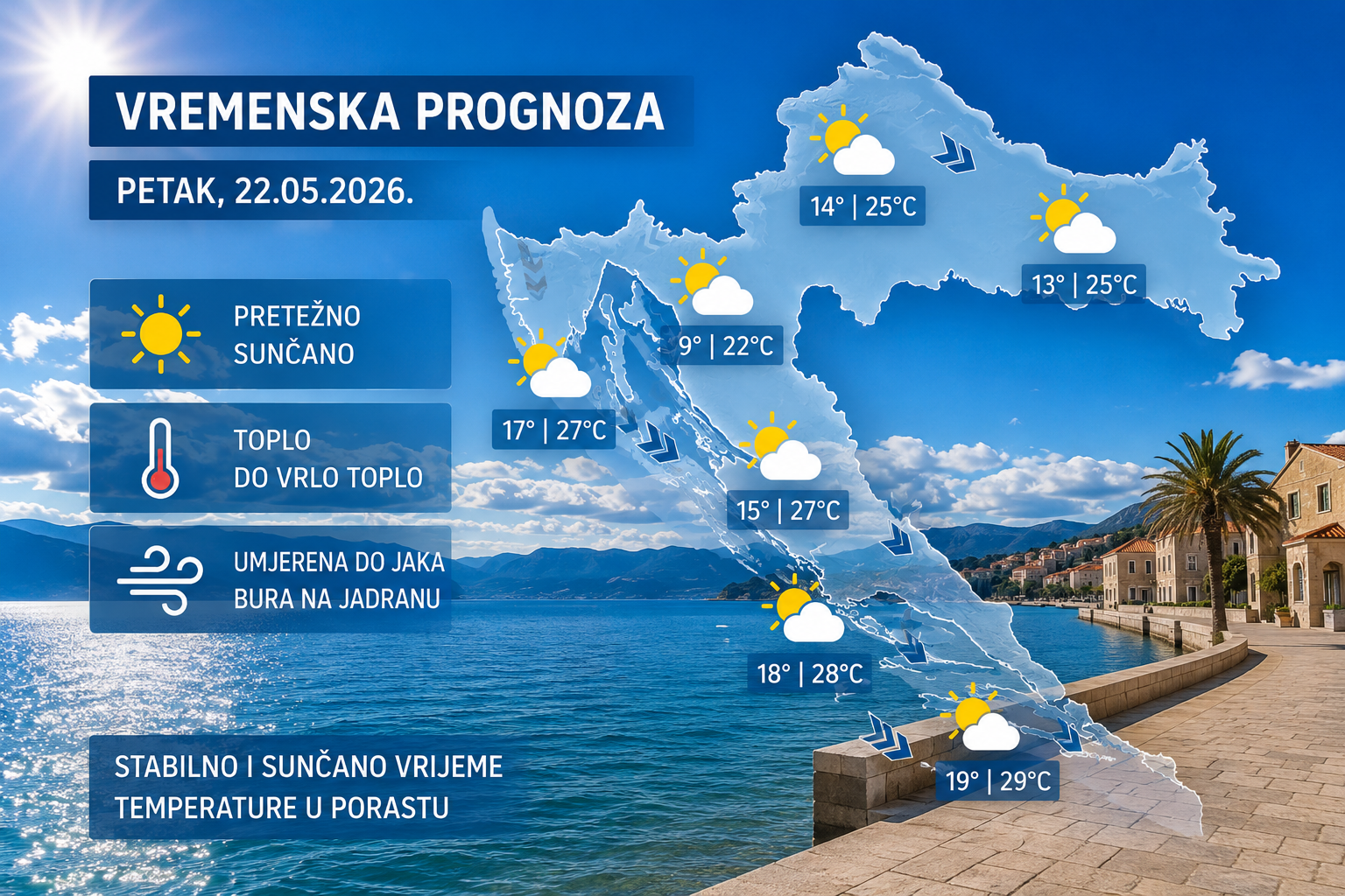 Sunce i toplina obilježit će kraj tjedna, početkom novog tjedna stiže i prava ljetna vrućina